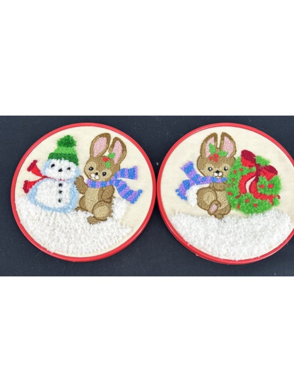 Christmas Needlepoint Decor Snowman Bunny Rabbit Wall Hanging 7" Lot of 2